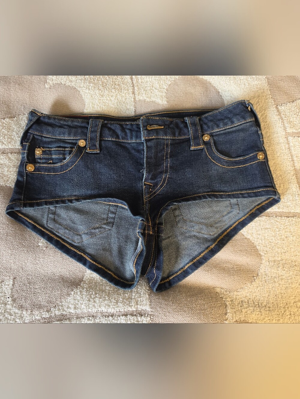 True Religion Women's Dark Indigo Denim Cutoff Shorts with Contrast Stitching